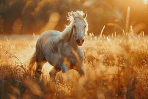 ai généré magnifique race cheval fonctionnement dans le champ dans été photo