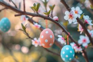 ai généré coloré Pâques des œufs pendaison sur épanouissement arbre branches Extérieur dans jardin. photo