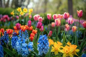 ai généré coloré tulipes, narcisse, jacinthes, lis, hortensias, fleurs dans printemps parc. photo
