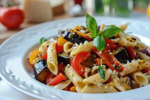 ai généré Pâtes salade avec cuit des légumes. Penne Pâtes avec cuit poivrons, aubergine, Pesto et fromage dans une blanc assiette photo