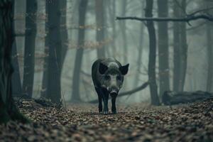 ai généré solitaire sauvage sanglier des promenades dans forêt. photo