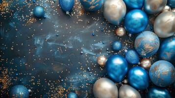 ai généré bleu et argent Noël des balles et confettis sur une bleu Contexte photo