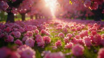 ai généré bordé d'arbres rue avec rose fleurs photo