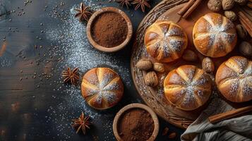 ai généré cannelle petits pains avec en poudre sucre et épices photo