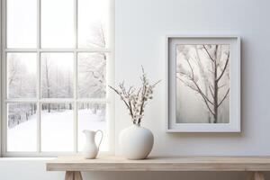 ai généré une délicat vase orne une grand blanc fenêtre, repos sur une blanc en bois tableau. photo