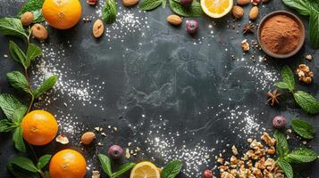 ai généré table avec des oranges et des noisettes photo