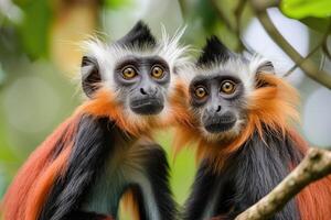 ai généré deux rouge colobes procolobus badius kirkii séance. photo