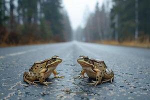 ai généré grenouilles permanent sur le route près forêt à de bonne heure Matin ou soir temps. route dangers, faune et transport. photo