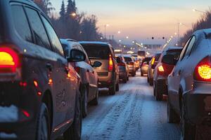 ai généré moderne voitures sont coincé dans une circulation confiture sur une Autoroute dans l'hiver. photo