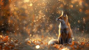 ai généré Renard séance sur Haut de une pile de feuilles photo