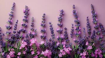 ai généré violet fleurs arrangé sur table photo