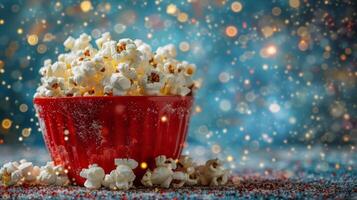 ai généré rouge bol rempli avec pop corn sur table photo