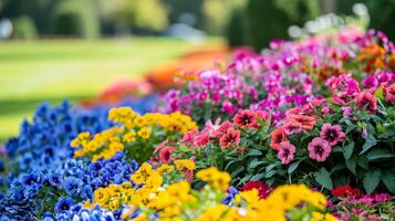 ai généré multicolore fleur lit dans le parc. Extérieur été jardinage. photo