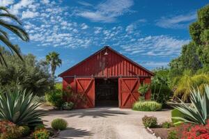 ai généré rouge Grange construit sur une ferme dans été avec des portes ouvert photo