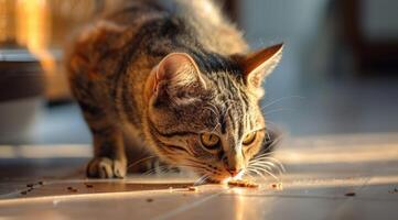 ai généré fermer de chat en mangeant sec nourriture de bol. photo