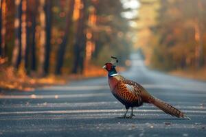 ai généré faisan permanent sur le route près forêt à de bonne heure Matin ou soir temps. route dangers, faune et transport. photo