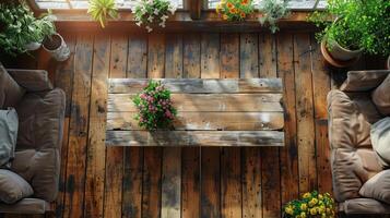 ai généré aérien vue de en bois plate-forme avec mis en pot les plantes photo