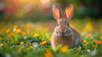 ai généré lapin séance dans champ de fleurs photo