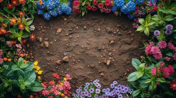 ai généré jardin rempli avec fleurs et saleté photo