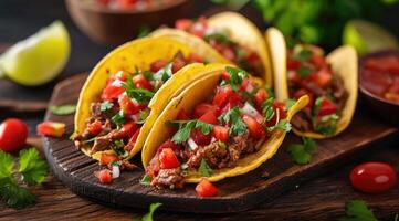 ai généré mexicain tacos avec du boeuf dans tomate sauce et salsa. photo