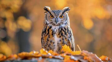 ai généré hibou permanent sur Haut de pile de feuilles photo