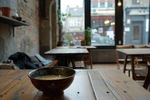 ai généré bol de poulet nouille soupe sur une en bois tableau. photo