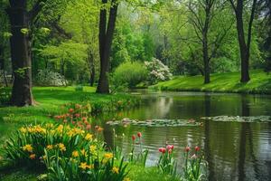 ai généré magnifique aménagement paysager avec magnifique les plantes et fleurs. photo