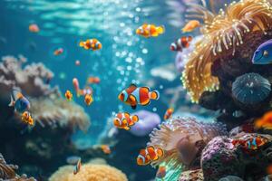 ai généré portrait de une pitre poisson nager par le corail récif. photo