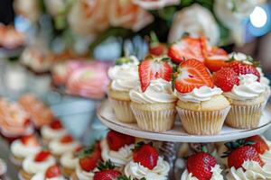 ai généré savoureux petit gâteau avec crémeux Garniture et tranche de fraise sur le haut, sucré buffet. photo