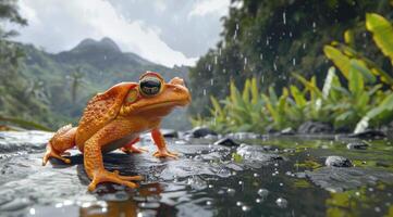 ai généré grenouille à le la nature bassin dans vert tropical forêt montrant abondant la nature photo