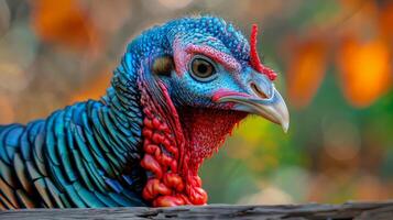 ai généré coloré oiseau fermer sur en bois surface photo