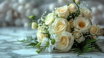 ai généré bouquet de blanc des roses sur table photo