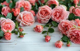 ai généré cœur fabriqué de rose des roses et vert feuilles photo