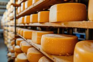 ai généré gros fromage roues à fabrication fermer. une fromage laitier dans une entrepôt avec fromage. photo