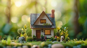 ai généré petit maison entouré par jardin photo