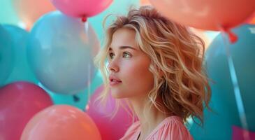 ai généré femme permanent dans de face de bouquet de des ballons photo