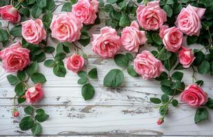 ai généré cœur fabriqué de rose des roses et vert feuilles photo