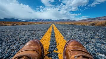 ai généré les personnes pieds permanent sur route avec montagnes dans Contexte photo