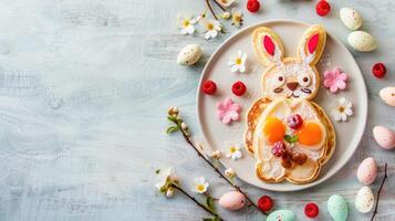 ai généré Pâques vacances enfants petit déjeuner crêpe dans le forme de un Pâques lapin avec baies et Pâques coloré des œufs sur une lumière en bois Contexte photo