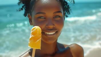 ai généré fille en portant Jaune sucette photo