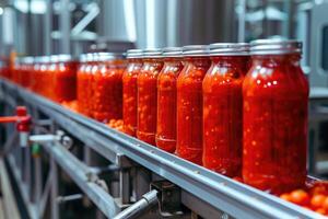 ai généré automatique convoyeur ligne ou ceinture dans moderne tomate pâte dans verre pots plante ou usine production. photo