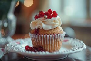 ai généré savoureux petit gâteau avec crème et mûre photo