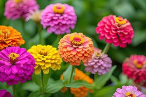 ai généré dans une fleur lit dans une grand nombre divers zinnias grandir et fleurir. photo