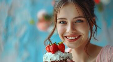 ai généré femme en portant gâteau avec des fraises photo