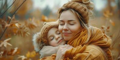 ai généré femme en portant enfant dans sa bras photo