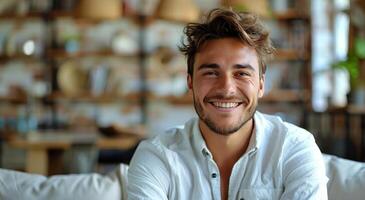 ai généré homme séance sur canapé souriant photo