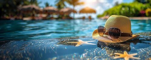 ai généré rose chapeau, des lunettes de soleil, étoile de mer, fleurs sur rose Contexte photo