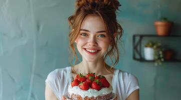 ai généré femme en portant gâteau avec des fraises photo