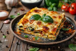 ai généré assiette de lasagne sur en bois table photo