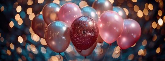 ai généré rangée de rose et or des ballons flottant dans le air photo